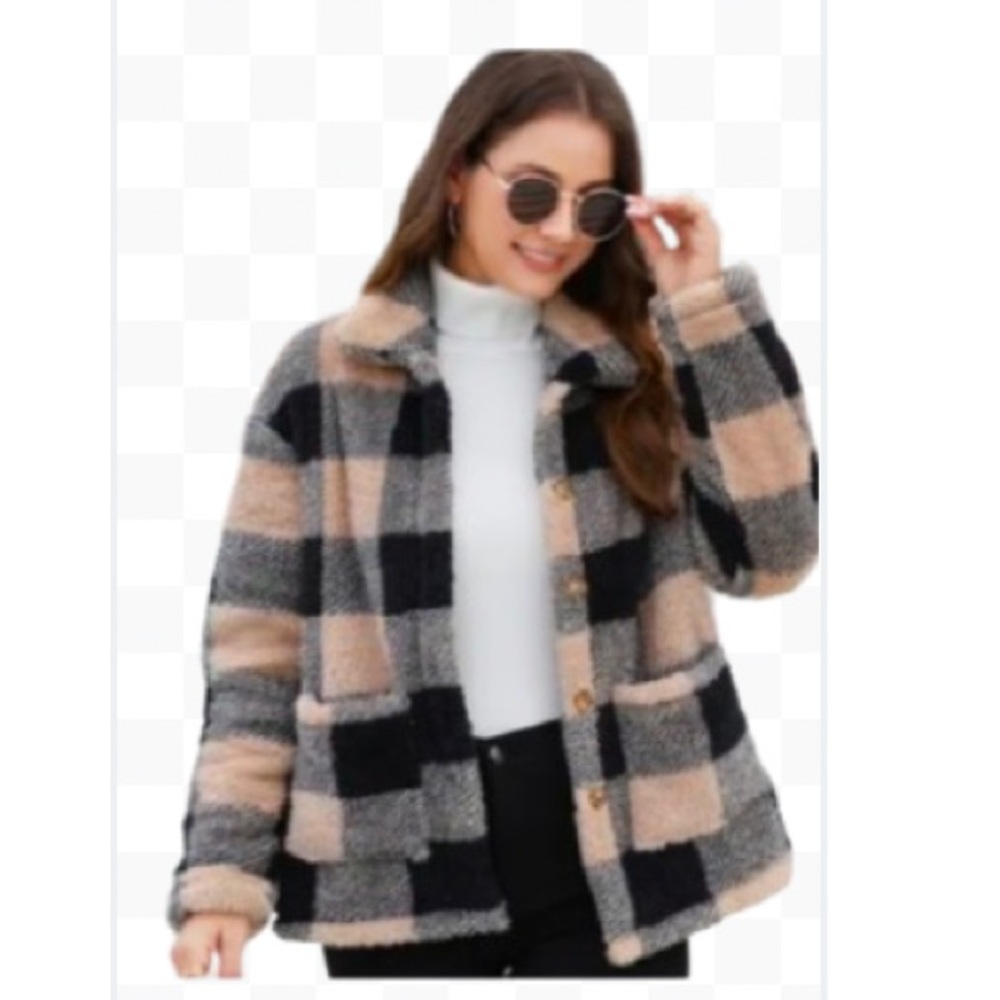 PLAID Blue & Tan Faux Fur Plush Patch Pocket Button Up  Shacket NIB